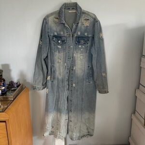 Ombre Distressed Maxi Denim Trench Jacket